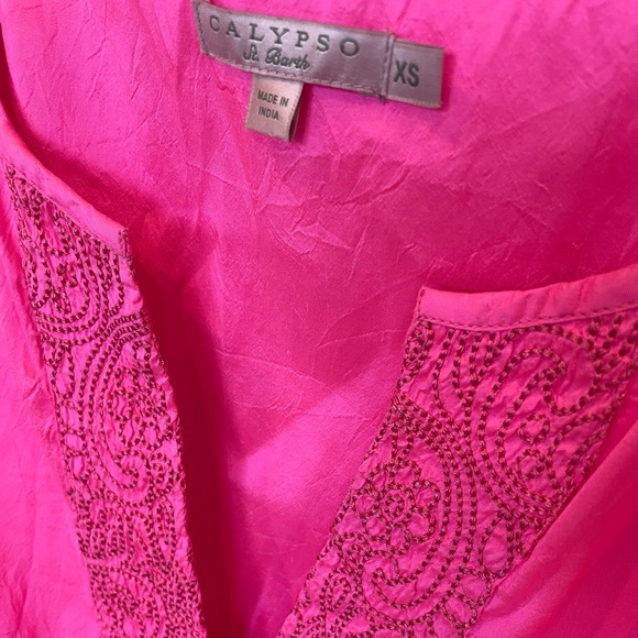 Calypso St Barth Pink Silk Dress Size XS Tie Waist Embroidered Vneck - Picture 2 of 7